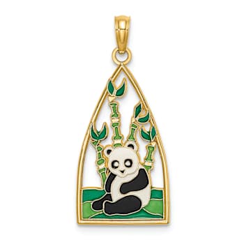 14k Yellow Gold Enamel Panda Bear and Bamboo Pendant