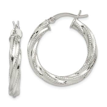 Rhodium Over Sterling Silver Patterned Twisted 4x25mm Hoop Earrings