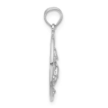 Rhodium Over 14k White Gold Textured Double Dolphin in Circle Pendant