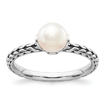 Rhodium Over Sterling Silver Stackable Expressions 7.0-7.5mm White
Freshwater Cultured Pearl Ring