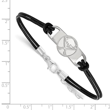 Rhodium Over Sterling Silver NHL LogoArt Buffalo Sabres Leather Bracelet