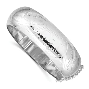 Rhodium Over Sterling Silver Diamond-cut 20mm Hinged Bangle Bracelet