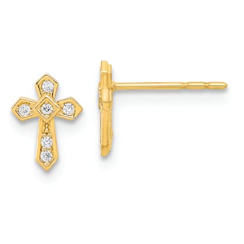 14K Yellow Gold Polished Cross Stud Earrings with Cubic Zirconia