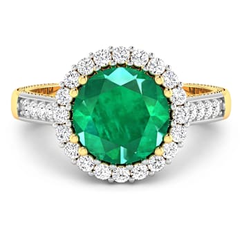 Round Green Emerald and Diamond 14K Yellow Gold Halo Ring 3.29 ctw