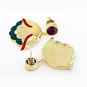 Ruby And Enamel Dangle Artisan Inspired Earrings In 18K Gold Over
Sterling Silver 5.04ctw