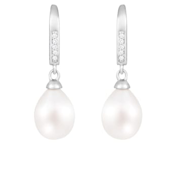 White Cultured Freshwater Pearl and Cubic Zirconia Rhodium Over Sterling
Silver 7-8mm Drop Earrings