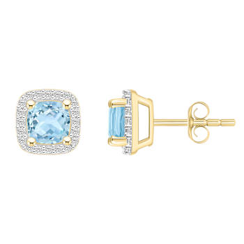 5mm Cushion Simulated Aquamarine And Created White Sapphire 10k Yellow
Gold Halo Stud Earrings