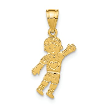 14k Yellow Gold Textured Waving Boy with Heart on Pocket Pendant