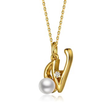 Initial V Paperclip Link And Pearl Simulant Pendant Necklace In 14K Gold
Over Brass