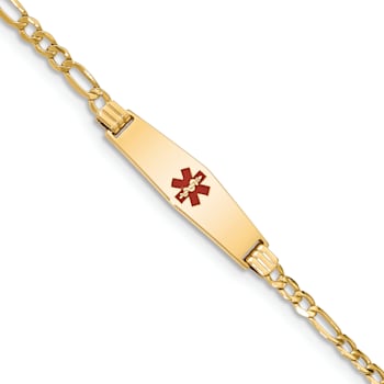 14k Yellow Gold Medical Soft Diamond Shape Red Enamel Figaro Link ID Bracelet