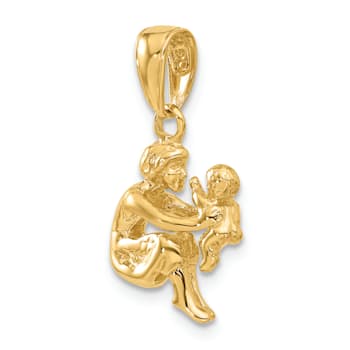 14k Yellow Gold 3D Textured Mother holding child Pendant