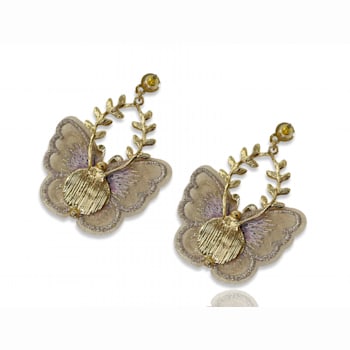 Gold Tone Neutral Tone Fabric Butterfly Earrings