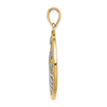 14K Two-tone Gold  Textured Sunset and Seagulls In Circle Pendant