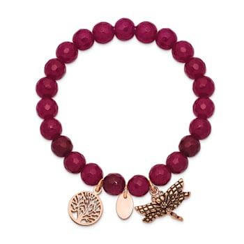 Rose Stainless Steel Antiqued and Polished Dragonfly Pink Dyed Jade Bracelet