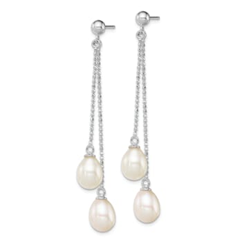 Rhodium Over Sterling Silver  7-8mm White Freshwater Cultured Pearl Post
Dangle Earrings