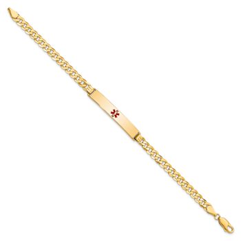 14k Yellow Gold Medical Red Enamel Flat Curb Link ID Bracelet