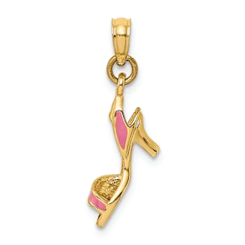 14k Yellow Gold Textured Pink Enameled 3D Open Toe High Heel Charm