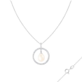 8-9mm Drop White Cultured Freshwater Pearl and CZ Rhodium Over Sterling
Silver Pendant