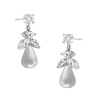 Freshwater Pearl And CZ Teardrop Drop Earrings In Sterling Silver