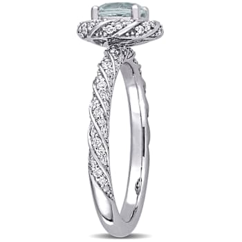 Aquamarine and Diamond 14K White Gold Halo Ring 0.84ctw