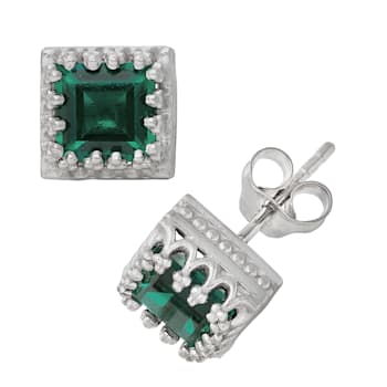 Princess Cut Lab Created Emerald Sterling Silver Stud Earrings 1.80ctw