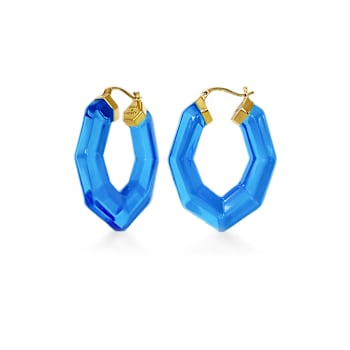 14K Yellow Gold Over Sterling Silver Pear Gem Acrylic Hoops in Blue