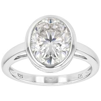 Bezel Set Oval Moissanite Solitaire Ring In Platinum-Enhanced Sterling Silver