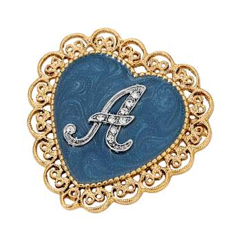 Gold Tone Filigree Heart Blue Enamel Initial Pin
