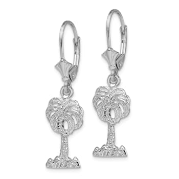 Rhodium Over 14k White Gold Textured Palm Tree Dangle Earrings