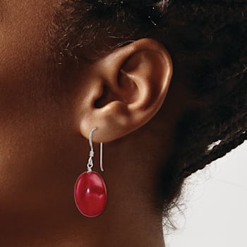 Sterling Silver Polished Red Jadeite Oval Dangle Earrings