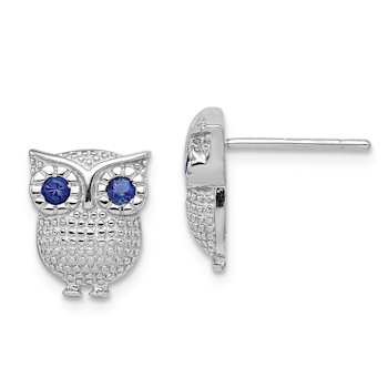 Rhodium Over Sterling Silver Blue Glass Owl Post Earrings