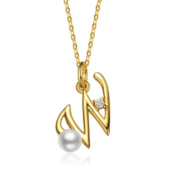 Initial W Pear Shape CZ And Pearl Pendant Necklace In 14K Gold Over Brass