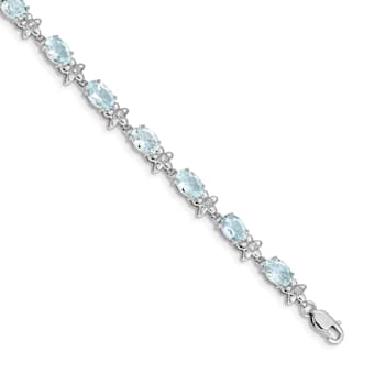 Rhodium Over 14k White Gold Floral Diamond and Aquamarine Bracelet