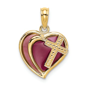 14K Yellow Gold with Purple Enamel Cross Heart Charm Pendant