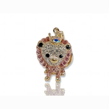 Gold Tone Pink and Clear Crystal Lion Key Chain