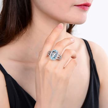 Blue and White Topaz Sterling Silver Halo with Split Shank Cocktail
Ring, 9.33ctw