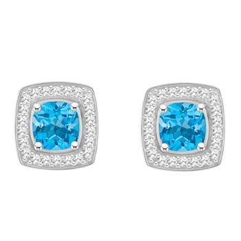 5mm Cushion Blue Topaz 1/5 ctw Diamond Rhodium Over Sterling Silver Halo
Stud Earrings