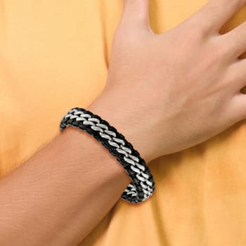 Black Leather and Stainless Steel Brushed 8.5-inch Bracelet