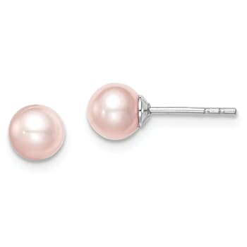 Rhodium Over Sterling Silver 5-6mm Pink Round FWC Pearl Stud Earrings