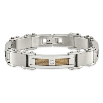 White Cubic Zirconia Stainless Steel Polished Yellow IP Plated Men's Bracelet