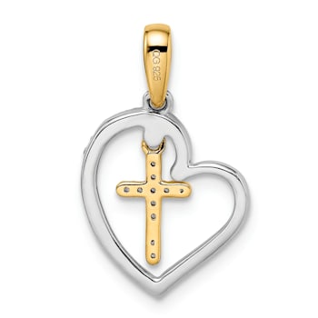 14K Yellow and White Gold Heart with Cross Diamond Pendant