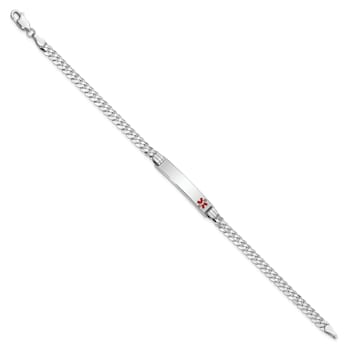 Rhodium Over 14k White Gold Medical Red Enamel Flat Curb Link ID Bracelet