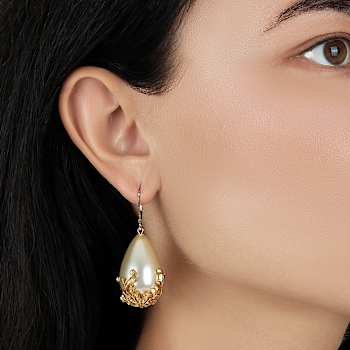 Gold Tone Faux Pearl & Gold Bead Drop Leverback Earrings