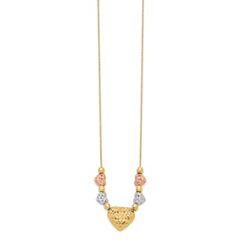 14K Tri-color Puff and Flat Hearts Necklace