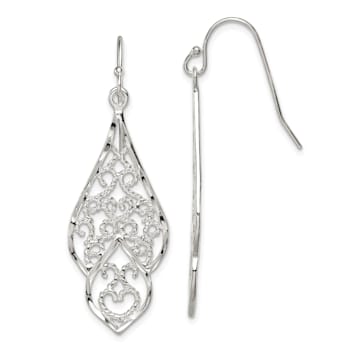 Sterling Silver Polished and Diamond-cut Fancy Filigree Dangle Earrings