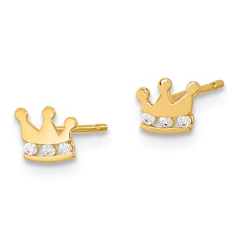 14k Yellow Gold Kids Cubic Zirconia Crown Stud Earrings