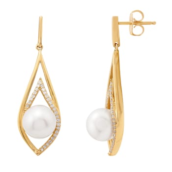 8-8.5mm Round White Freshwater Pearl with 0.17ctw Diamond 10K Yellow
Gold Drop Earrings