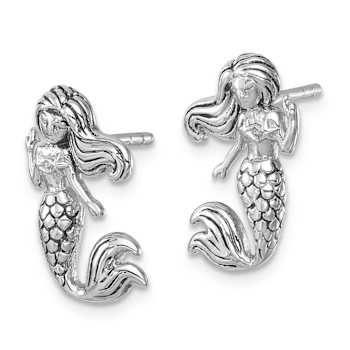 Rhodium Over Sterling Silver Antiqued Mermaid Earrings