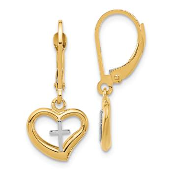 14k Yellow Gold and 14k White Gold Polished Cross in Heart Dangle Earrings