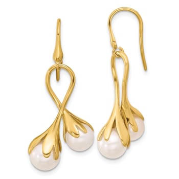 14K Yellow Gold Freshwater Cultured Pearl with Ribbon Shape Dangle Earrings